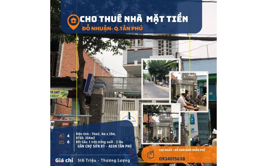 Cho thuê nhà Mặt Tiền Đỗ Nhuận 76m2, 3Lầu, 16Triệu, gần chợ Sơn Kỳ